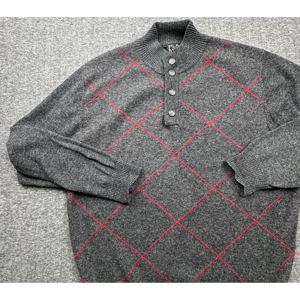 Jos A Bank Mens Lambswool Sweater Sz L Henley Gray Geometric Grandpa‎ Professor